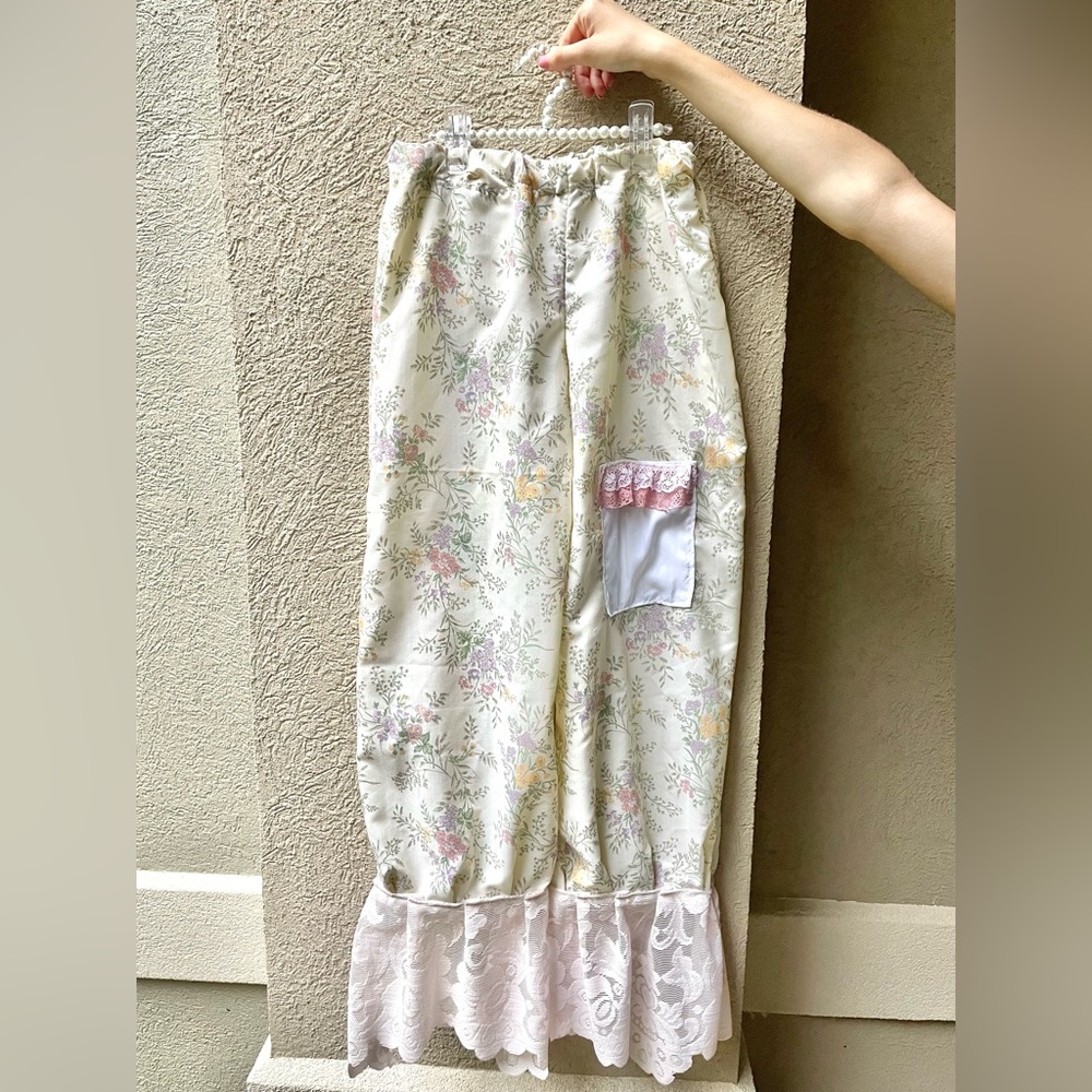 Cottagecore floral patch pantaloon style pants with Lace Trim
